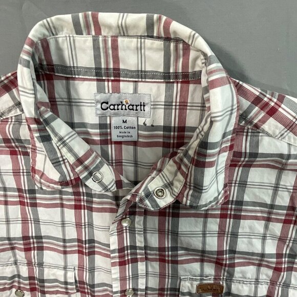 Carhartt Y2K Shirt Mens M Red Gray Plaid Cotton Pearl Snap Short Sleeve Western‎ - Picture 3 of 8